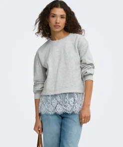 ONLY MIMI LACE DETAIL SWEAT TOP IN GREY / WHITE